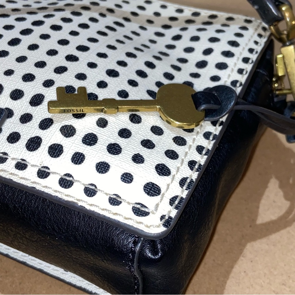 FOSSIL Polka Dot Brass Key Hardware Black White Leather Crossbody Square Bag - Picture 6 of 14